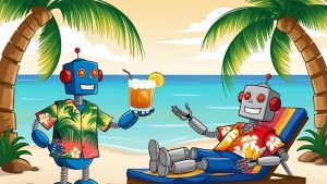 A robot in a Hawaiian shirt serves a rum punch to another robot lounging on a beach chair.