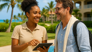 Hospitality worker with a tablet and a male tourist