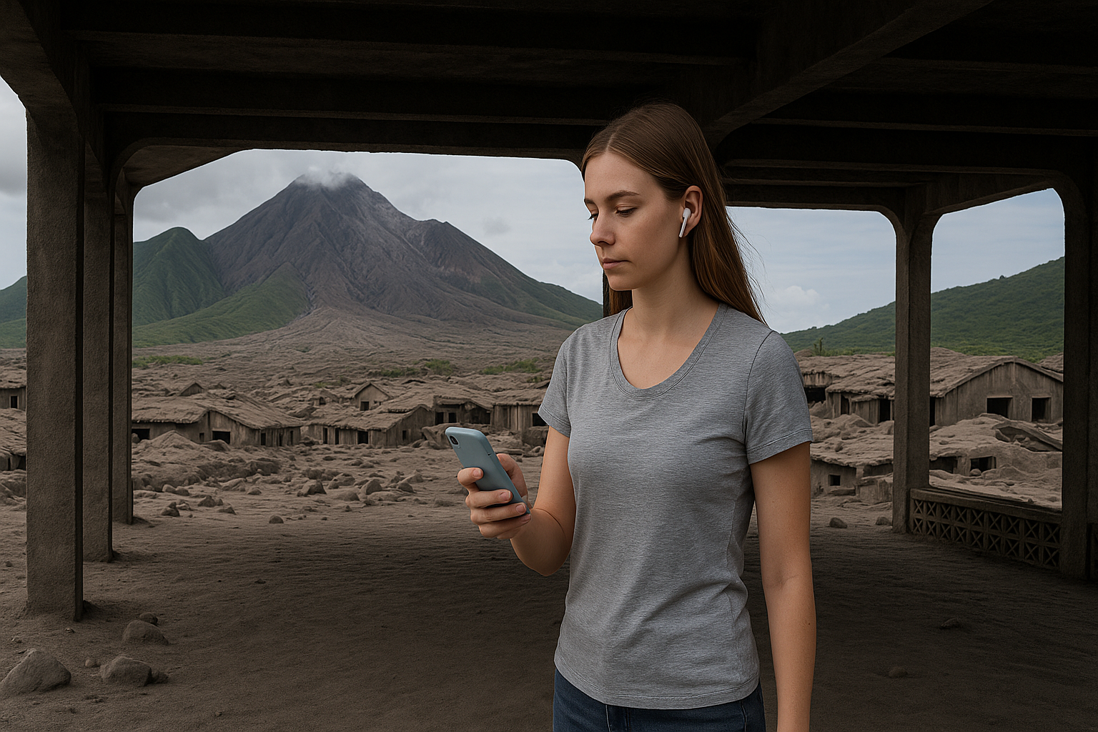 A young white woman is taking the Buried City Tour while listening to the guide via air pods (ai generated image)