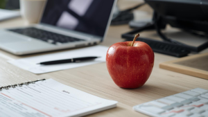 red apple on a desk with a laptop, pen and paper.