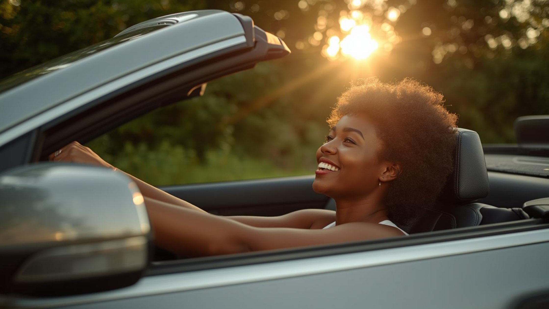 black woman driving a silver convertible as the sun peaks through the trees