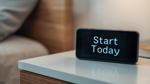 digital clock on a bedside table says Start Today.