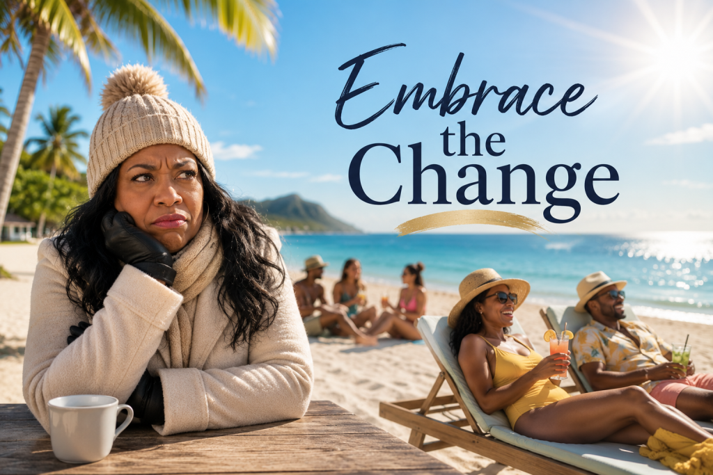 Ai generated image of a black woman wearing cream winter clothes while on the beach. Other people are enjoying the sun while lounging on chairs and playing in the sand.